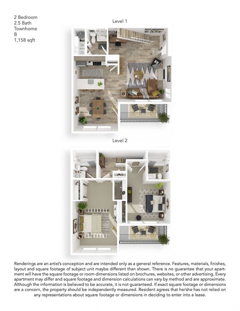 Floor plan for 2 beds, 2.5 baths, 1158 sqft